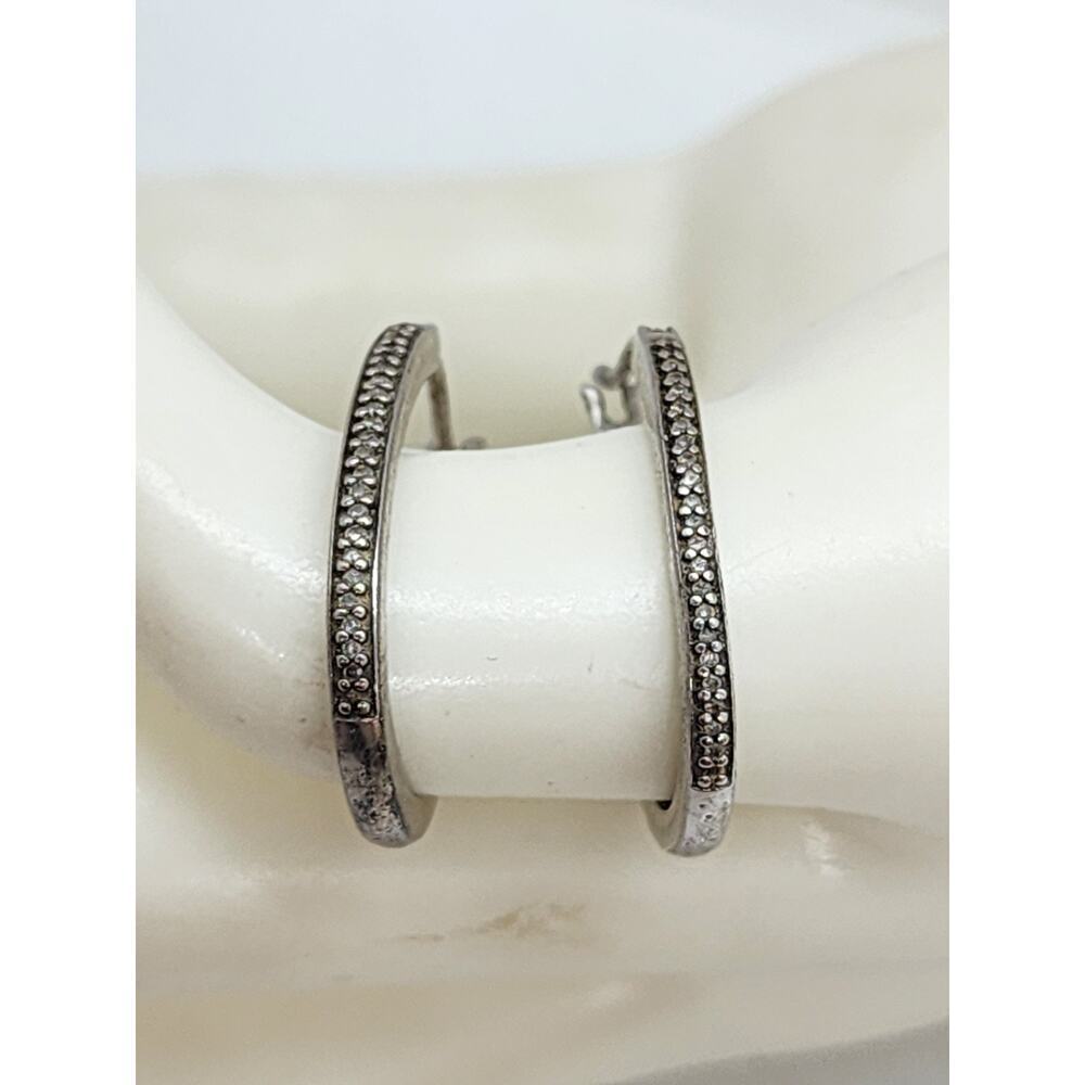 Sterling Silver Diamond Hoop Earrings Pave Set Oval Hoops Vintage Style - Picture 13 of 16
